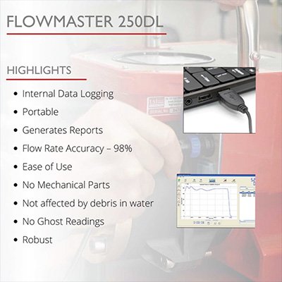 Flowmaster 250 DL : Le débitmètre électromagnétique essentiel pour des tests de bornes et poteaux incendie précis avec enregistrement de données intégré.